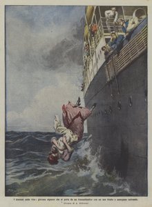 Dramaty życia, młoda dama, która rzuca się z liniowca z dzieckiem i oboje toną autorstwa Achille Beltrame