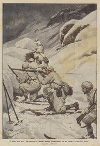 Śnieżni żołnierze, patrol narciarzy, wdaje się w walkę z grupą wrogich zwiadowców