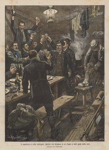 Nowy Rok w wysokich górach, alpiniści wznoszący toast w schronisku przy dwudziestu stopniach poniżej zera