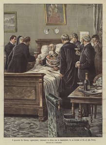 Generał De Sonnaz w agonii, ubrany w mundur z odznaczeniami, wznosi toast za króla i za Ojczyznę autorstwa Achille Beltrame