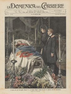 Nowy król Portugalii Manuel II i królowa matka Amelia przed zwłokami zamordowanego króla autorstwa Achille Beltrame