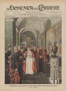 Papież Pius X uroczyście inauguruje nową galerię obrazów watykańskich, procesję w auli z XIV wieku