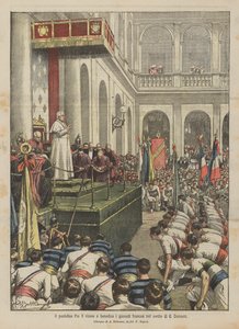 Papież Pius X przyjmuje i błogosławi francuskie gimnastyczki na dziedzińcu S. Damaso