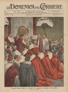 Uroczysty konsystorz publiczny, uroczystość nałożenia kapeluszy na nowych kardynałów autorstwa Achille Beltrame