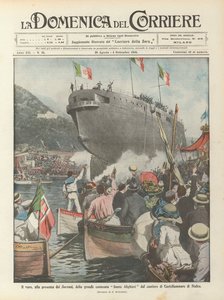 Wystrzelenie w obecności Suwerenów wielkiego pancernika Dante Alighieri ze stoczni Castellammare di Stabia