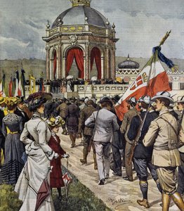 Inauguracja IV zawodów strzeleckich na poligonie Farnesina, Rzym, Włochy, ilustracja Achille Beltrame z La Domenica del Corriere, 25 maja autorstwa Achille Beltrame