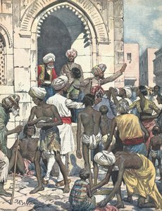 Indie. Susza powoduje epidemie. Dystrybucja żywności. Ilustrowane przez Antonio Beltrame. „La domenica del Corriere””. 26 lutego autorstwa Achille Beltrame