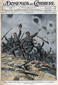 Armia włoska zwyciężyła wojska austro-węgierskie w górach krasowych w Słowenii. Włosi w ten sposób posuwali się w kierunku Triestu. Ill. de Beltrame. Domenica del Corriere. 06/1917. autorstwa Achille Beltrame