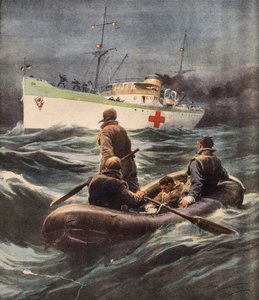 Włoski statek szpitalny ratujący czterech niemieckich lotników, którzy zostali zestrzeleni, Achille Beltrame (1871-1945), ilustracja z La Domenica del Corriere, 23 lutego autorstwa Achille Beltrame
