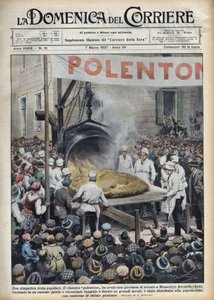 Popularny włoski festiwal: polenta geante (polentone) organizowany w miejscowości niedaleko Asti w Veneto. Ilustracja Achille Beltrame w „La Domenica del Corriere” z 07.03.1937. autorstwa Achille Beltrame