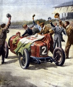 Włoskie zwycięstwo w 3. European Motor Grand Prix: mechanicy z Ascari umieszczają na samochodzie trójkolorową flagę. Ill. de Beltrame. „La Domenica del Corriere” 07/1925. autorstwa Achille Beltrame