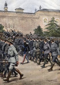Nowe włoskie milicje: ochotnicy w cywilu podczas defilady wojskowej 11 listopada w Mediolanie. Ill. de Beltrame. Domenica del Corriere. 11/1914. autorstwa Achille Beltrame