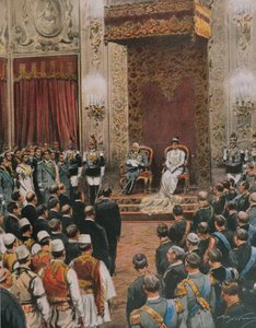 Król Włoch, Vittorio Emanuele III Sabaudzki, koronowany na króla Albańczyków, Achille Beltrame, ilustracja, Ilustrator Achille Beltrame (1871-1945), z La Domenica del Corriere autorstwa Achille Beltrame