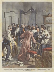 Aresztowanie słynnej francuskiej oszustki Teresy Humbert i jej rodziny w skromnym mieszkaniu w Madrycie autorstwa Achille Beltrame