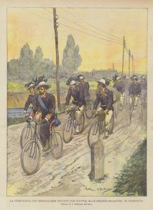 Rowerzyści Compagnia Dei Bersaglieri, którzy rozpoczynają wielkie manewry w Piemoncie autorstwa Achille Beltrame