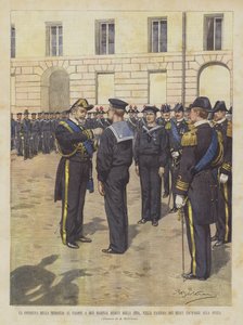 Doręczenie Medalu Walecznych dwóm marynarzom powracającym z Chin w koszarach Royal Crews w La Spezia autorstwa Achille Beltrame