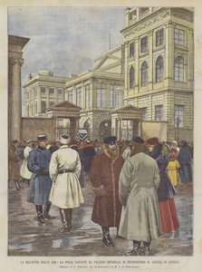 Choroba cara, tłum przed pałacem cesarskim w Petersburgu czekający na wieści