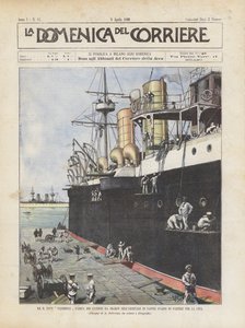 Statek R Stromboli załadowany działami desantowymi w Arsenale w Neapolu przed odlotem do Chin