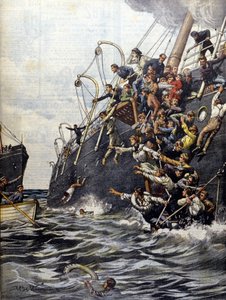 Katastrofa w Libanie: pasażerowie rzucają się do morza po zderzeniu z innym liniowcem u wybrzeży Marsylii. Ilustracja autorstwa Beltrame. Domenica del Corriere. 1903. autorstwa Achille Beltrame