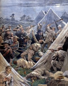 Wojna burska lub wojna transwalska w Afryce Południowej, w której Anglicy przeciwstawili się Burom: ci ostatni zaatakowali angielski obóz w Tweenfontein. Ilustracja Beltrame. La Domenica del Corriere. 1902. autorstwa Achille Beltrame