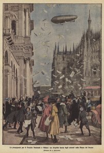 Propaganda Pożyczki Narodowej w Mediolanie, sterowiec wypuszcza kolorowe prześcieradła na Piazza del Duomo autorstwa Achille Beltrame