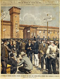 Strajk budowlany na dużą skalę w Mediolanie: Spotkanie publiczne na wielkim dziedzińcu zamku Sforzesco, autorstwa Achille Beltrame (1871-1945), z La Domenica del Corriere, 26 maja 1901 autorstwa Achille Beltrame