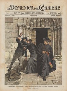 Zabójstwo anarchisty przeciwko kardynałowi arcybiskupowi Casanasowi, gdy opuszczał katedrę w Barcelonie autorstwa Achille Beltrame