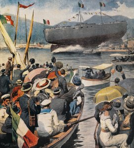 Wodowanie pancernika Andrea Doria z Arsenału w La Spezia, panel autorstwa Achille Beltrame (1871-1945), La Domenica del Corriere, 6 kwietnia autorstwa Achille Beltrame