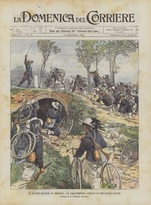 Ostatnie manewry kampanii, charakterystyczny dla kolarzy atakujących Bersaglieri autorstwa Achille Beltrame