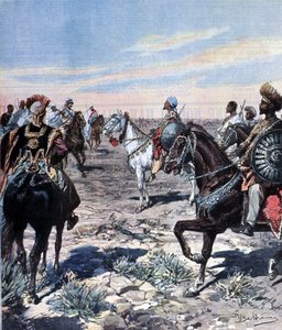 Kapitan Mozzetti w obozie Ras Makonnen (Mekonnen Welde Mikael) (Abba Qagnew) (1852-1906) w Etiopii. Ilustracja autorstwa Beltrame. Domenica del Corriere. 1899. autorstwa Achille Beltrame
