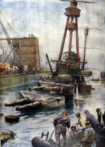 Niemiecki pancernik Hindenburg, zatopiony w Scapa Flow w Szkocji, powrócił na powierzchnię dzięki angielskiej flocie po 7 latach spędzonych na dnie oceanów. Ilustracja autorstwa Beltrame. Domenica Corriere autorstwa Achille Beltrame