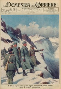 MUSSOLINI W ALPACH - Benito MUSSOLINI bada surowe przełęcze alpejskie, które jego żołnierze dzielnie podbili Lipiec 1940 - Domenica del Corriere 1940 - Achille Beltrame autorstwa Achille Beltrame