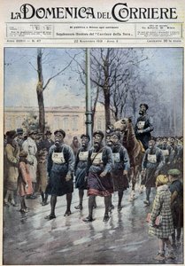 Marzec zorganizowany w Warszawie w celu ćwiczenia ludności w używaniu masek przeciwgazowych – rysunek A. Beltrame, w „”la Domenica del Corriere”” z 22.11.1931 autorstwa Achille Beltrame