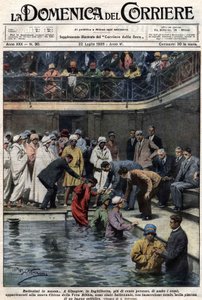 Masowe chrzty: W Glasgow w Szkocji ponad sto osób, członków nowego Kościoła Prawdziwej Biblii, zostało ochrzczonych w miejskim basenie. Ilustracja Beltrame. Domenica del Corriere. 22.07.1928. autorstwa Achille Beltrame