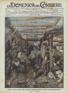 Gdy zbliża się atak wroga, posiłki wychodzą ze schronów i biegną, by zająć swoje miejsca w okopach autorstwa Achille Beltrame