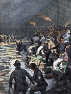 Cudowne ocalenie furmanów zablokowanych na wyspie na rzece Serio w pobliżu Bergamo - Ilustracja Beltrame w „La Domenica del Corriere” 10/1909 autorstwa Achille Beltrame