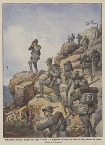 Na płaskowyżu Cyrenaic patrole rozpoznawcze Vestone Alpini na bokach Derny w? autorstwa Achille Beltrame