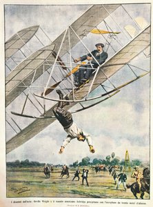 Orville Wright i porucznik Seliridge nurkują z dwupłatowca z trzydziestu metrów, Stany Zjednoczone Ameryki, ilustracja Achille Beltrame z La Domenica del Corriere, 11 października autorstwa Achille Beltrame