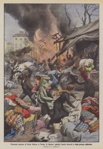 Malowniczy targ Porta Palazzo, w Turynie, w płomieniach, piętnaście straganów zniszczonych, a różni ludzie bili autorstwa Achille Beltrame