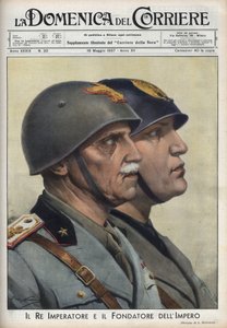 Sylwetki króla Vittorio Emanuele (Wiktora Emanuela) III i Duce Benito Mussoliniego, założyciela imperium, na wzór cesarzy rzymskich. Ilustracja Achille Beltrame w „La domenica del Corriere” z 16.05.1937. autorstwa Achille Beltrame