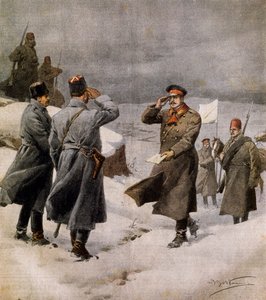 Wznowienie wojny, turecki parlamentarzysta przybywający do bułgarskiego obozu z przesłaniem o zakończeniu zawieszenia broni, Achille Beltrame (1871-1945), ilustracja z La Domenica del Corriere, 9 lutego autorstwa Achille Beltrame