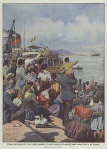 Powrót z wojny pierwszych zwolnionych żołnierzy, witają się stłoczeni ludzie w porcie Neapolu? autorstwa Achille Beltrame