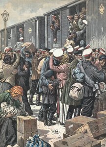 Rosja. Wyjazd rezerwistów. Ilustrowane przez Antonio Beltrame. „Niedziela Kuriera”. 9 października autorstwa Achille Beltrame
