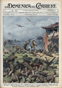 Druga wojna chińsko-japońska (1937-1945): starcia między japońską i chińską bronią pod Pekinem, Japończycy szybko eksterminują cały chiński batalion. Ilustracja Achille Beltrame z „La domenica del corriere” z 8.08.1937 r. autorstwa Achille Beltrame