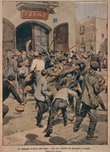 Poważne braki pracy w Apulii, Piekarniki szturmowane przez bezrobotnych Cerignoli, Achille Beltrame, ilustracja, Ilustrator Achille Beltrame (1871-1945), z La Domenica del Corriere, 20 grudnia 1908 autorstwa Achille Beltrame
