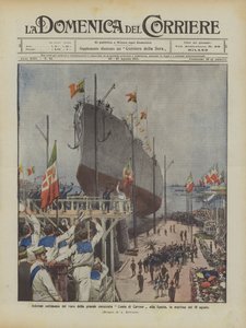 Uroczysta ceremonia wodowania wielkiego pancernika Conte di Cavour w La Spezia, rankiem 10 sierpnia