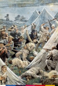 Afryka Południowa. Druga wojna burska. Atak na angielski obóz Tweefontein (1902). Ilustracja autorstwa Achille Beltrame. Rytownictwo. autorstwa Achille Beltrame