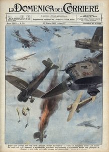 Hiszpańska wojna domowa: Starcia powietrzne między samolotami republikańskimi i nacjonalistycznymi nad Hiszpanią będącą w stanie wojny. Ilustracja Achille Beltrame w „La domenica del Corriere” z 20.06.1937. autorstwa Achille Beltrame