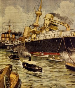 Pancernik Andrea Doria osiadł na mieliźnie w pobliżu Gallipoli, autorstwa Achille Beltrame (1871-1945), z La Domenica del Corriere autorstwa Achille Beltrame