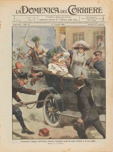 Zabójstwo arcyksięcia Franciszka Ferdynanda Austrii i jego żony w Sarajewie, 28 czerwca 1914. autorstwa Achille Beltrame